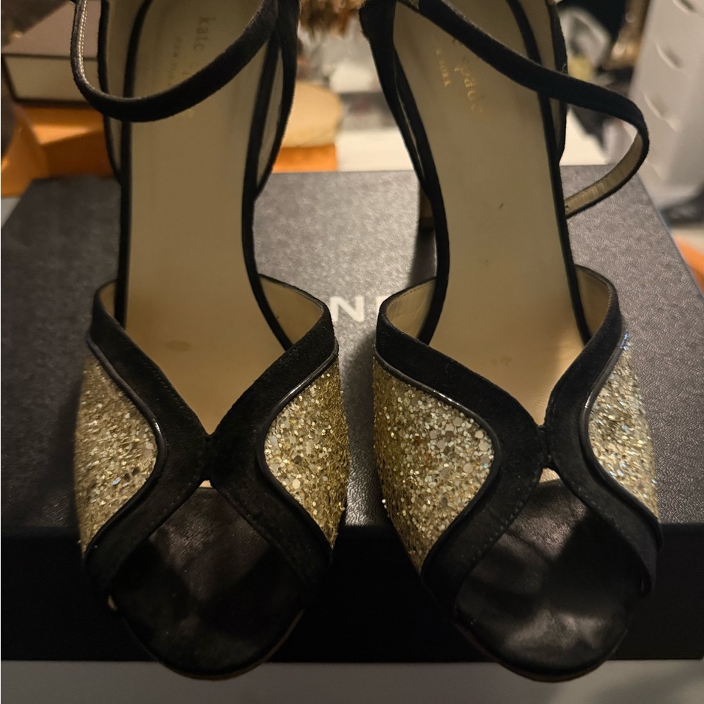 Kate Spade Corinne Black and Gold Glitter Heels